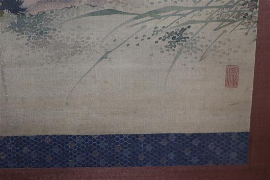 After Mori Ransai (Chinese, 1740-1807): An ink and pigment on silk panel depicting two rabbits,